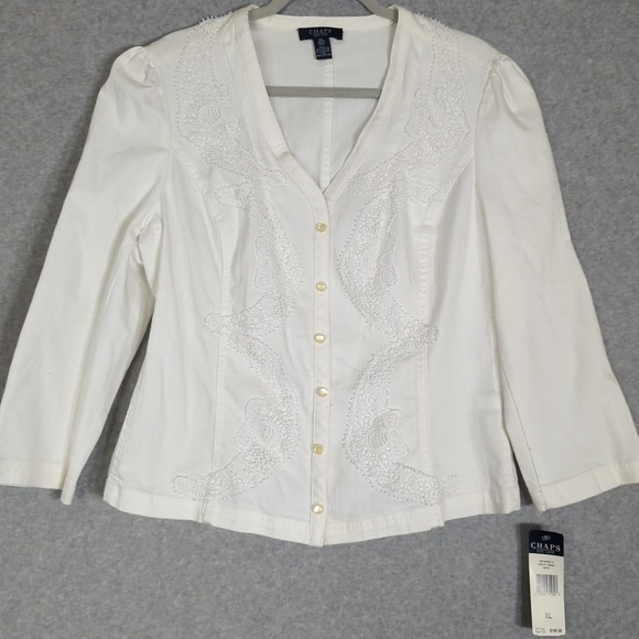 VTG Chaps Ralph Lauren Jacket XL Seashore White Denim Lace Overlay Cottage 90s - Picture 3 of 10